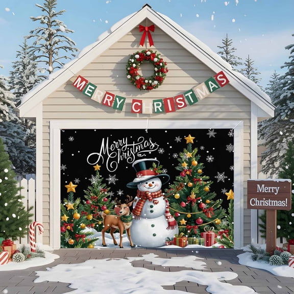 Fsddascl 7 x 8 Ft Christmas Garage Door Cover, Black Christmas Large Garage Door Banner, Xmas Snowman Tree Elk Snowflake Hanging Garage Mural Background for Indoor Outdoor Xmas Party Supplies
