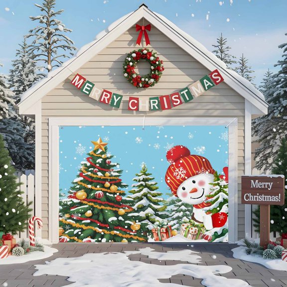 Fsddascl 7 x 8 Ft Christmas Garage Door Cover, Blue Aqua Snowman Christmas Large Garage Door Banner, Xmas Tree Snowflake Hanging Garage Mural Background for Indoor Outdoor Xmas Party Supplies