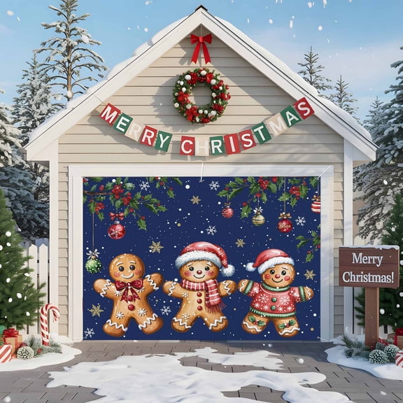 Fsddascl 7 x 8 Ft Christmas Garage Door Cover, Blue Christmas Gingerbread Large Garage Door Banner, Xmas Balls Snowflake Hanging Garage Mural Background for Indoor Outdoor Xmas Party Supplies