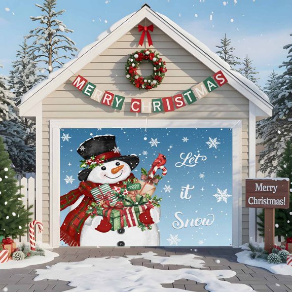 Fsddascl 7 x 8 Ft Christmas Garage Door Cover, Blue Christmas Snowman Large Garage Door Banner, Xmas Botanical Birds Snowflake Hanging Garage Mural Background for Indoor Outdoor Xmas Party Supplies