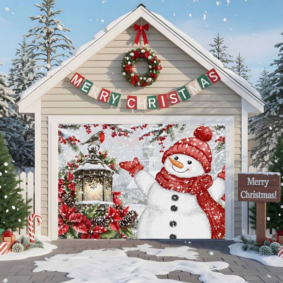 Fsddascl 7 x 8 Ft Christmas Garage Door Cover, Christmas Snowman Large Garage Door Banner, Xmas Snowflake Botanical Poinsettia Hanging Garage Mural Background for Indoor Outdoor Xmas Party Supplies