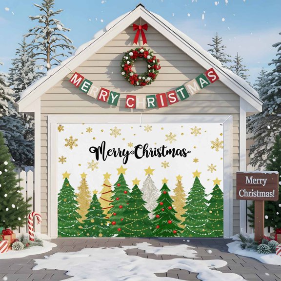 Fsddascl 7 x 8 Ft Christmas Garage Door Cover, Christmas Tree Large Garage Door Banner, Green Xmas Tree Snowflake Luxury Hanging Garage Mural Background for Indoor Outdoor Xmas Party Supplies