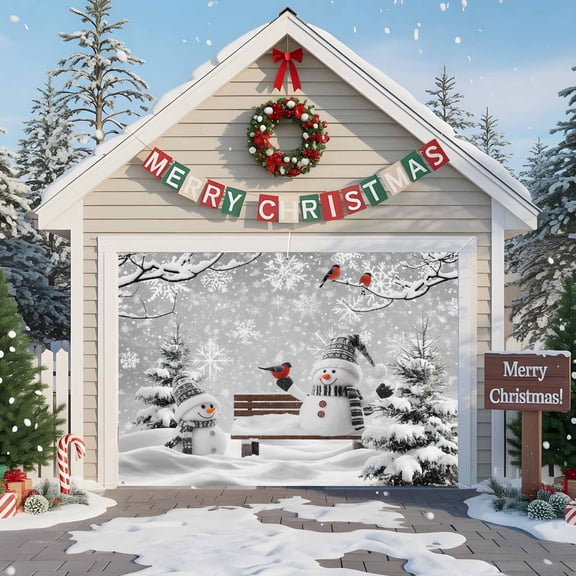 Fsddascl 7 x 8 Ft Christmas Garage Door Cover, Grey Christmas Large Garage Door Banner, Snowman Snowflake Xmas Tree Birds Branch Hanging Garage Mural Background for Indoor Outdoor Xmas Party Supplies