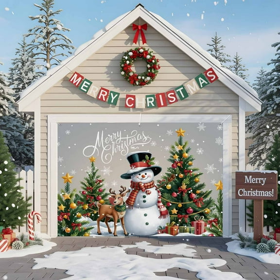 Fsddascl 7 x 8 Ft Christmas Garage Door Cover, Grey Christmas Large Garage Door Banner, Xmas Snowman Tree Elk Snowflake Hanging Garage Mural Background for Indoor Outdoor Xmas Party Supplies