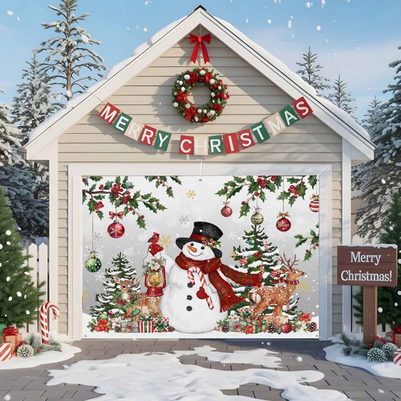 Fsddascl 7 x 8 Ft Christmas Garage Door Cover, Grey Christmas Snowman Large Garage Door Banner, Xmas Snowflake Elk Tree Balls Hanging Garage Mural Background for Indoor Outdoor Xmas Party Supplies