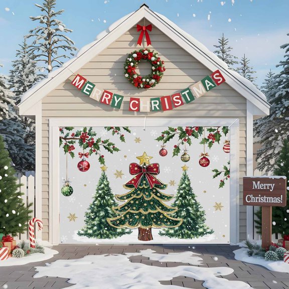 Fsddascl 7 x 8 Ft Christmas Garage Door Cover, Grey Christmas Tree Large Garage Door Banner, Xmas Tree Snowflake Balls Botanical Hanging Garage Mural Background for Indoor Outdoor Xmas Party Supplies