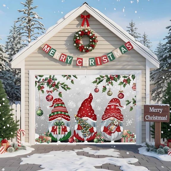 Fsddascl 7 x 8 Ft Christmas Garage Door Cover, Grey Gnomes Christmas Large Garage Door Banner, Red Xmas Balls Tree Snowflake Hanging Garage Mural Background for Indoor Outdoor Xmas Party Supplies