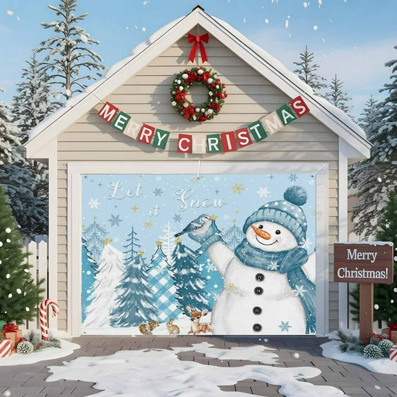 Fsddascl 7 x 8 Ft Christmas Garage Door Cover, Light Blue Christmas Snowman Large Garage Door Banner, Xmas Tree Snowflake Birds Hanging Garage Mural Background for Indoor Outdoor Xmas Party Supplies