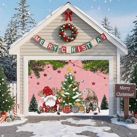 Fsddascl 7 x 8 Ft Christmas Garage Door Cover, Pink Christmas Gnomes Large Garage Door Banner, Xmas Tree Snowflake Pine Needle Hanging Garage Mural Background for Indoor Outdoor Xmas Party Supplies