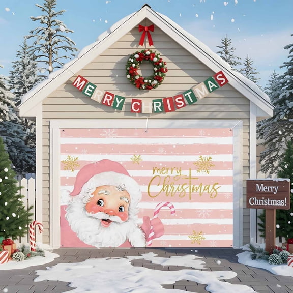 Fsddascl 7 x 8 Ft Christmas Garage Door Cover, Pink Santa Christmas Large Garage Door Banner, Snowflake Xmas Pink Striped Hanging Garage Mural Background for Indoor Outdoor Xmas Party Supplies