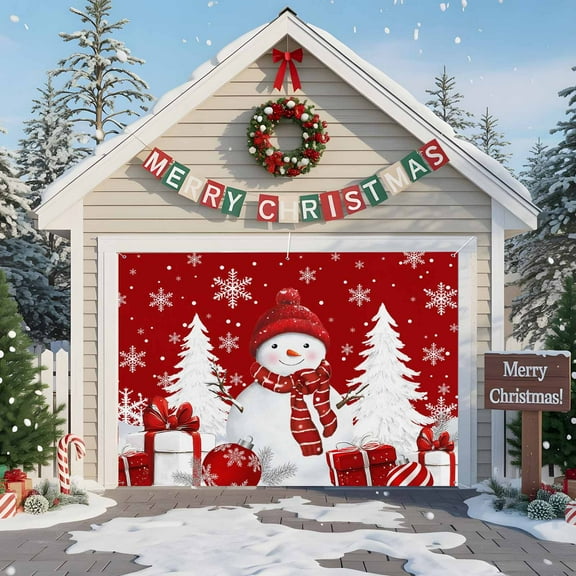 Fsddascl 7 x 8 Ft Christmas Garage Door Cover, Red Christmas Large Garage Door Banner, Snowman Xmas Tree Snowflake Gifts Hanging Garage Mural Background for Indoor Outdoor Xmas Party Supplies