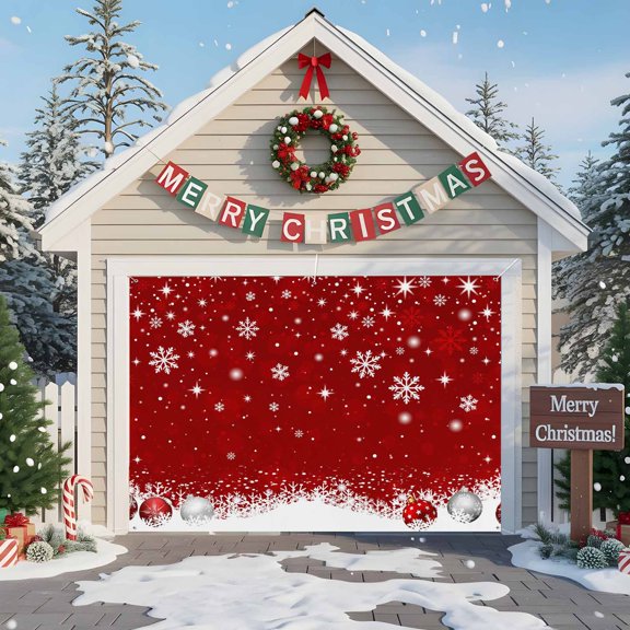 Fsddascl 7 x 8 Ft Christmas Garage Door Cover, Red Christmas Large Garage Door Banner, Xmas Snowflake Balls Hanging Garage Mural Background for Indoor Outdoor Xmas Party Supplies