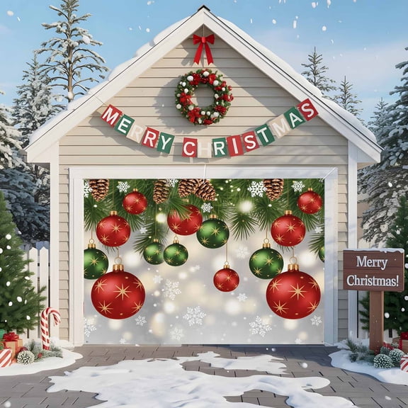 Fsddascl 7 x 8 Ft Christmas Garage Door Cover, Red Green Balls Christmas Large Garage Door Banner, Xmas Pine Needle Snowflake Hanging Garage Mural Background for Indoor Outdoor Xmas Party Supplies