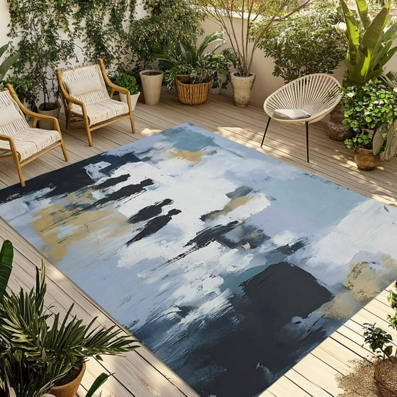 Fsddascl Abstract Blue Black Outdoor Rug for Patio/Deck/Porch, Non-Slip Large Area Rug 5 x 8 Ft, Vintage Simple Oil Painting Art Indoor Outdoor Rugs Washable Area Rugs, Reversible Camping Rug Carpet