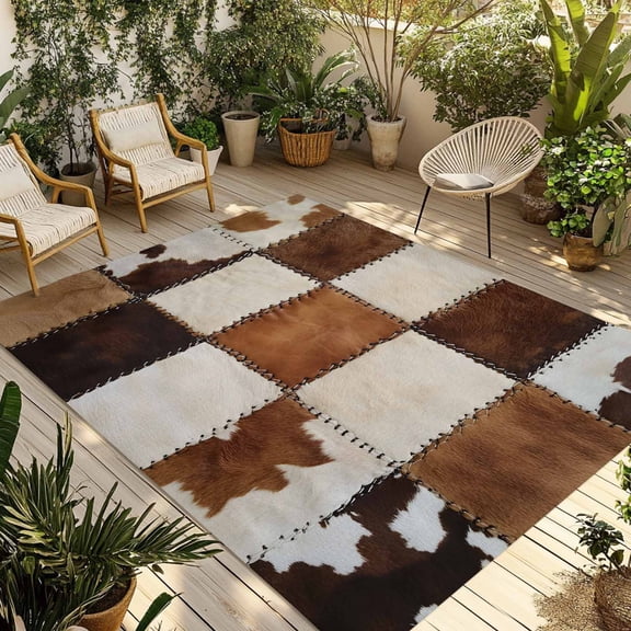 Fsddascl Abstract Cowhides Outdoor Rug for Patio/Deck/Porch, Non-Slip Large Area Rug 5 x 8 Ft, Brown Beige Animal Fur Texture Indoor Outdoor Rugs Washable Area Rugs, Reversible Camping Rug Carpet