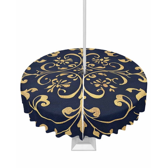 Fsddascl Abstract Floral Art Outdoor Tablecloth - 60 Inch Round Dining Table Cover, Vintage Golden Retro Waterproof Outdoor Table Cloth with Umbrella Hole & Zipper for Picnic/Patio/Party