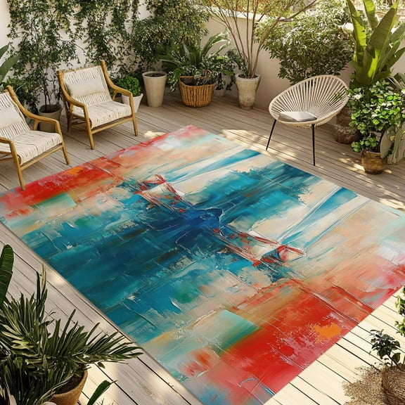Fsddascl Abstract Ombre Outdoor Rug for Patio/Deck/Porch, Non-Slip Large Area Rug 4 x 6 Ft, Vintage Chic Gradient Ship Oil Painting Indoor Outdoor Rugs Washable Area Rugs, Camping Rug Carpet
