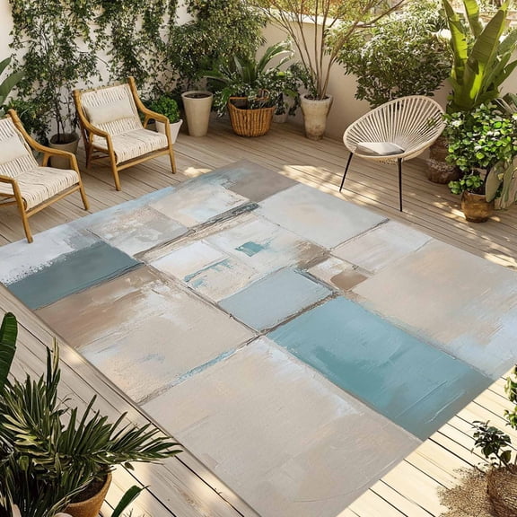 Fsddascl Abstract Outdoor Rug for Patio/Deck/Porch, Non-Slip Large Area Rug 5 x 8 Ft, Modern Geometric Blue Brown Indoor Outdoor Rugs Washable Area Rugs, Reversible Camping Rug Carpet Runner