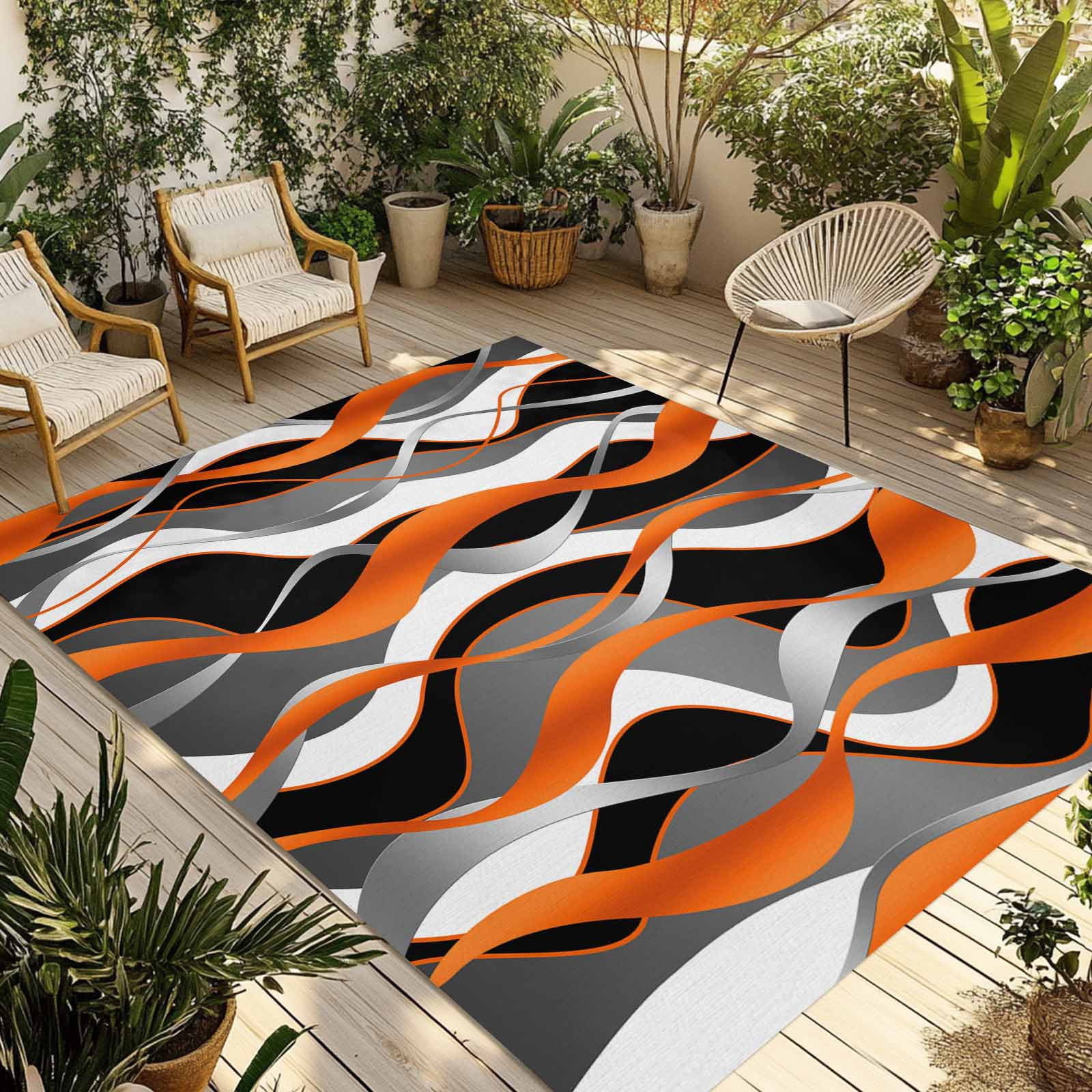 Fsddascl Abstract Stripes Outdoor Rug for Patio/Deck/Porch, Non-Slip Large Area Rug 5 x 8 Ft, Retro Modern Orange Black Gray Lines Indoor Outdoor Rugs Washable Area Rugs, Camping Rug Carpet