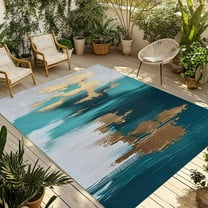 Fsddascl Abstract Teal Green Outdoor Rug for Patio/Deck/Porch, Non-Slip Large Area Rug 5 x 8 Ft, White Gold Textured Art Indoor Outdoor Rugs Washable Area Rugs, Reversible Camping Rug Carpet Runner