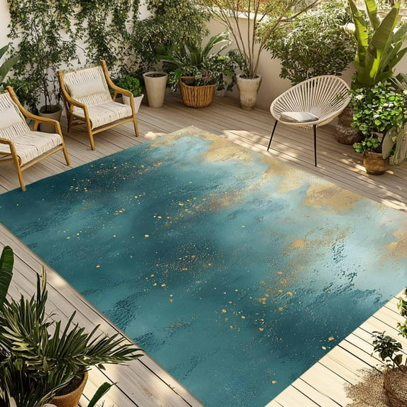 Fsddascl Abstract Turquoise Gold Outdoor Rug for Patio/Deck/Porch, Non-Slip Large Area Rug 5 x 8 Ft, Modern Minimalist Art Indoor Outdoor Rugs Washable Area Rugs, Reversible Camping Rug Carpet