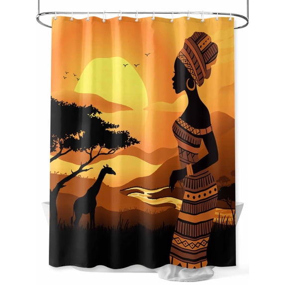 Fsddascl Africa Black Women Shower Curtain Set - 48" x 72" Washable Bathtub Curtain with 12 Hooks, African Native Ethnic Sunset Waterproof Fabric Stall Shower Curtains for Bathroom/Bathtub Décor