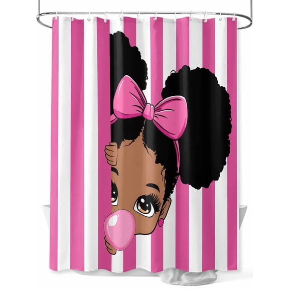 Fsddascl African Girl Shower Curtain Set - 48" x 72" Washable Bathtub Curtain with 12 Hooks, Afro American Black Girl with Bubble Pink Stripes Waterproof Fabric Stall Shower Curtains for Bathroom