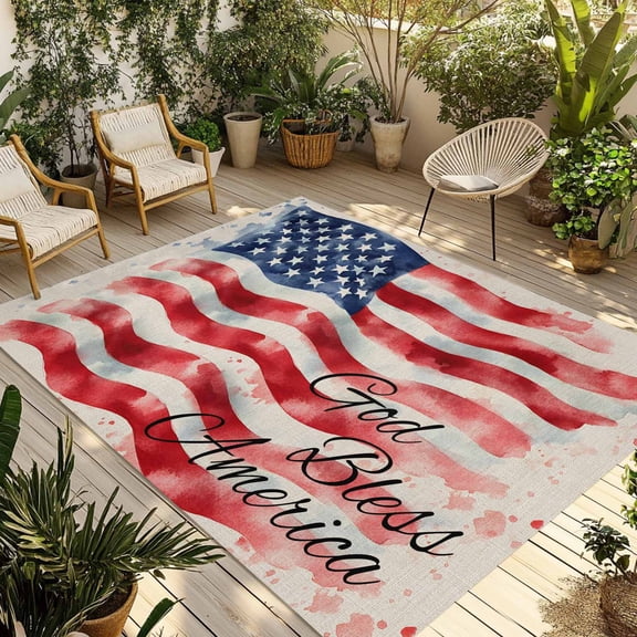 Fsddascl American Flag Outdoor Rug for Patio/Deck/Porch, Non-Slip Large Area Rug 4 x 6 Ft, Rustic Watercolor USA Flag Indoor Outdoor Rugs Washable Area Rugs, Reversible Camping Rug Carpet Runner