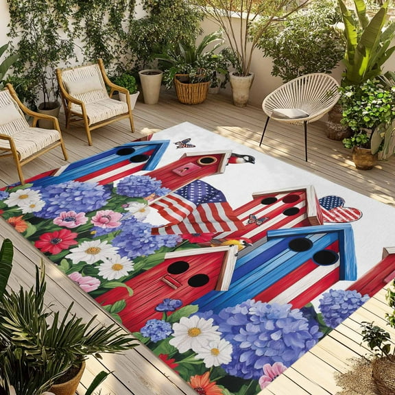 Fsddascl American Flag Outdoor Rug for Patio/Deck/Porch, Non-Slip Large Area Rug 4 x 6 Ft, Spring Garden Floral Birds House Indoor Outdoor Rugs Washable Area Rugs, Reversible Camping Rug Carpet