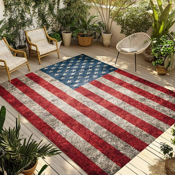 Fsddascl American Flag Outdoor Rug for Patio/Deck/Porch, Non-Slip Large Area Rug 4 x 6 Ft, Vintage Blue Red USA Flag Indoor Outdoor Rugs Washable Area Rugs, Reversible Camping Rug Carpet Runner