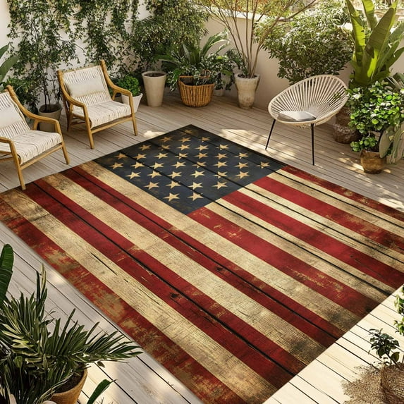 Fsddascl American Flag Outdoor Rug for Patio/Deck/Porch, Non-Slip Large Area Rug 5 x 8 Ft, Retro USA Flag Blue Red Vintage Wooden Indoor Outdoor Rugs Washable Area Rugs, Camping Rug Carpet