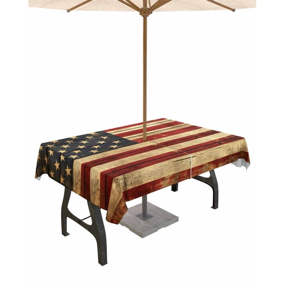 Fsddascl American Flag Outdoor Tablecloth - 60x120 Inch Rectangle Dining Table Cover, Retro USA Flag Blue Red Vintage Wooden Waterproof Outdoor Table Cloth with Umbrella Hole & Zipper for Patio