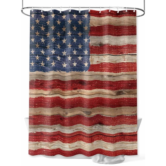Fsddascl American Flag Shower Curtain Set - Standard 72" x 72" Bathtub Curtain with 12 Hooks, Blue Red Star Stripe Farmhouse Wooden Waterproof Fabric Stall Shower Curtains for Bathroom/Bathtub