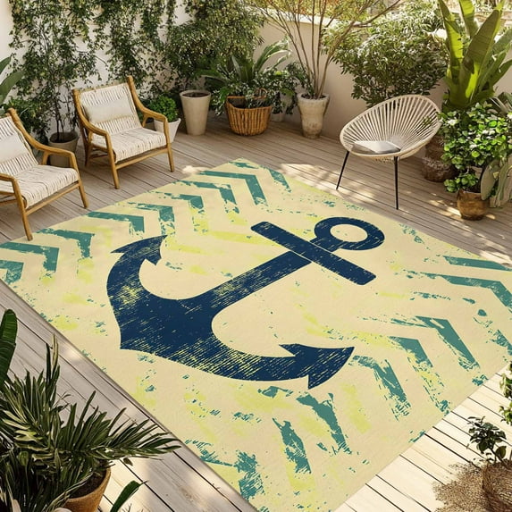 Fsddascl Anchor Nautical Outdoor Rug for Patio/Deck/Porch, Non-Slip Large Area Rug 4 x 6 Ft, Green Yellow Wave Stripe Retro Indoor Outdoor Rugs Washable Area Rugs, Reversible Camping Rug Carpet