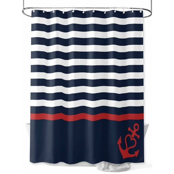 Fsddascl Anchor Navy Blue Shower Curtain Set - 72" x 78" Washable Bathtub Curtain with 12 Hooks, Red Nautical White Geometric Stripes Waterproof Fabric Stall Shower Curtains for Bathroom/Bathtub