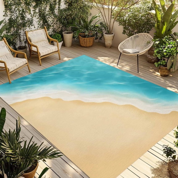 Fsddascl Aqua Blue Beach Outdoor Rug for Patio/Deck/Porch, Non-Slip Large Area Rug 5 x 8 Ft, Summer Seaside Ombre Indoor Outdoor Rugs Washable Area Rugs, Reversible Camping Rug Carpet Runner
