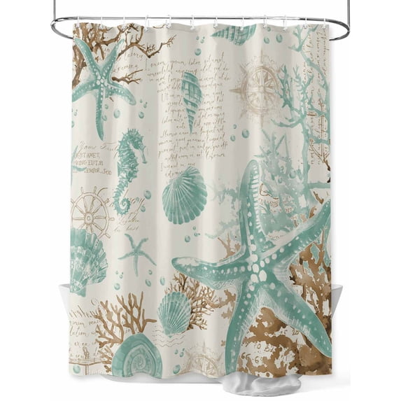 Fsddascl Aqua Coastal Starfish Shower Curtain Set - 72" x 78" Washable Bathtub Curtain with 12 Hooks, Farmhouse Nautical Seahorse Coral Waterproof Fabric Stall Shower Curtains for Bathroom/Bathtub