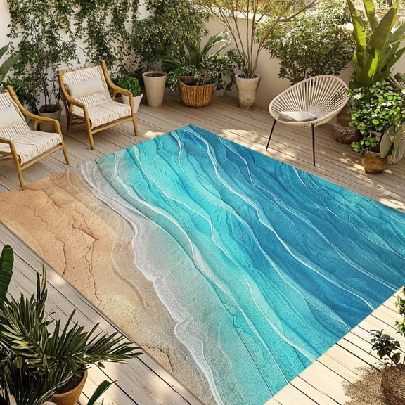 Fsddascl Aqua Ombre Coastal Outdoor Rug for Patio/Deck, Non-Slip Large Area Rug 6 x 9 Ft, Summer Nautical Beach Ocean Seaside Indoor Outdoor Rugs Washable Area Rugs, Reversible Camping Rug Carpet