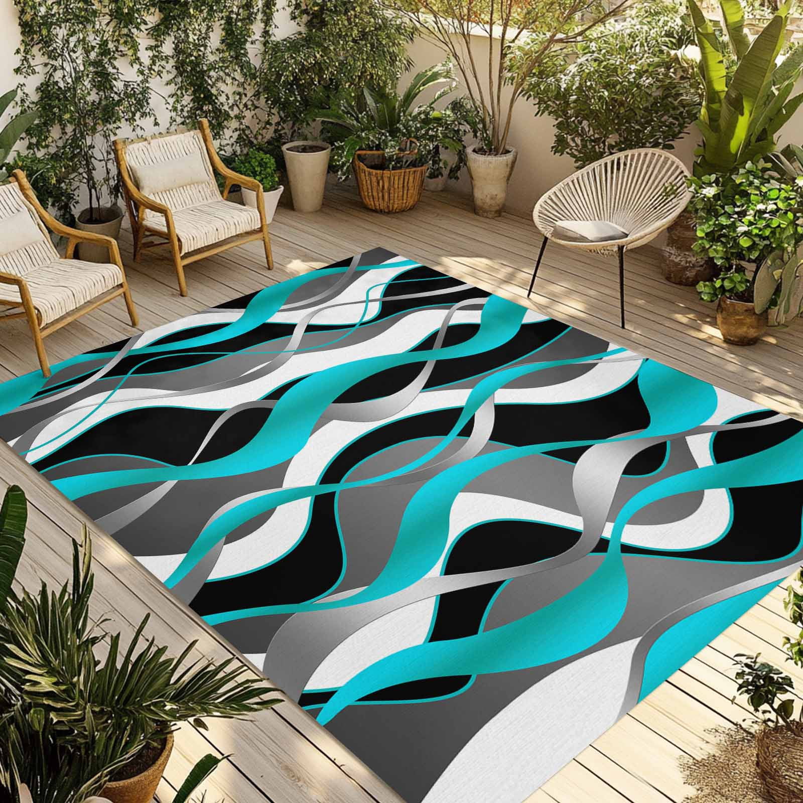 Fsddascl Aqua Stripe Outdoor Rug for Patio/Deck/Porch, Non-Slip