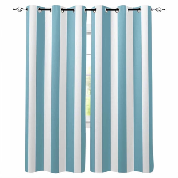 Fsddascl Aqua Striped Blackout Curtains for Bedroom/Living Room, Thermal Insulated Kitchen Curtains, Modern Farmhouse Blue White Stripes Grommet Darkening Window Treatment Drapes 52"x54"x2