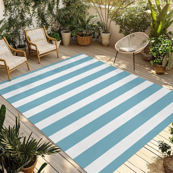 Fsddascl Aqua Striped Outdoor Rug for Patio/Deck/Porch, Non-Slip Large Area Rug 5 x 8 Ft, Modern Farmhouse Blue White Stripes Indoor Outdoor Rugs Washable Area Rugs, Reversible Camping Rug Carpet