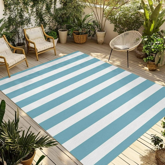 Fsddascl Aqua Striped Outdoor Rug for Patio/Deck/Porch, Non-Slip Large Area Rug 6 x 9 Ft, Modern Farmhouse Blue White Stripes Indoor Outdoor Rugs Washable Area Rugs, Reversible Camping Rug Carpet