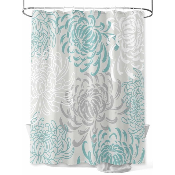 Fsddascl Aqua White Shower Curtain Set - Extra Long 72" x 96" Washable Bathtub Curtain with 12 Hooks, Abstract Grey Chrysanthemum Flower Floral Waterproof Fabric Stall Shower Curtains for Bathroom