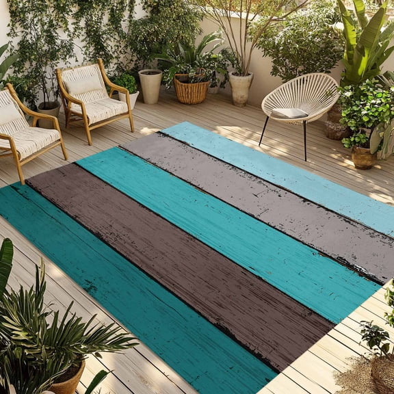 Fsddascl Aqua Wooden Outdoor Rug for Patio/Deck/Porch, Non-Slip Large Area Rug 4 x 6 Ft, Grey Stripe Gradient Country Rustic Grain Indoor Outdoor Rugs Washable Area Rugs, Camping Rug Carpet