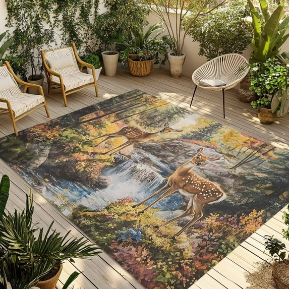 Fsddascl Autumn Forest Deer Outdoor Rug for Patio/Deck/Porch, Non-Slip Large Area Rug 5 x 8 Ft, Elk River Mountain Indoor Outdoor Rugs Washable Area Rugs, Reversible Camping Rug Carpet Runner