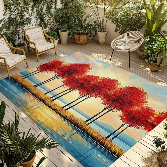 Fsddascl Autumn Leaves Outdoor Rug for Patio/Deck/Porch, Non-Slip Large Area Rug 4 x 6 Ft, Orange Sunrise Ombre Lake Reflection Indoor Outdoor Rugs Washable Area Rugs, Reversible Camping Rug Carpet