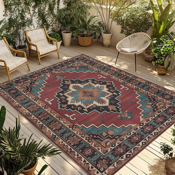 Fsddascl Aztec Southwest Outdoor Rug for Patio/Deck/Porch, Non-Slip Large Area Rug 5 x 8 Ft, Red Brown Boho Chic Abstract Geometric Indoor Outdoor Rugs Washable Area Rugs, Camping Rug Carpet Runner