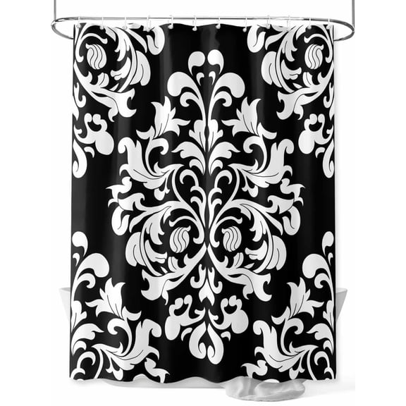Fsddascl Baroque Black Shower Curtain Set - Extra Long 72" x 96" Washable Bathtub Curtain with 12 Hooks, Vintage Damask Classic Floral Waterproof Fabric Stall Shower Curtains for Bathroom/Bathtub