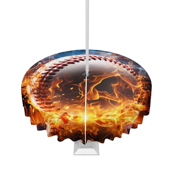Fsddascl Baseball Outdoor Tablecloth - 54 Inch Round Dining Table Cover, Baseball Flame Modern Abstract Art Waterproof Outdoor Table Cloth with Umbrella Hole & Zipper for Picnic/Patio/Party