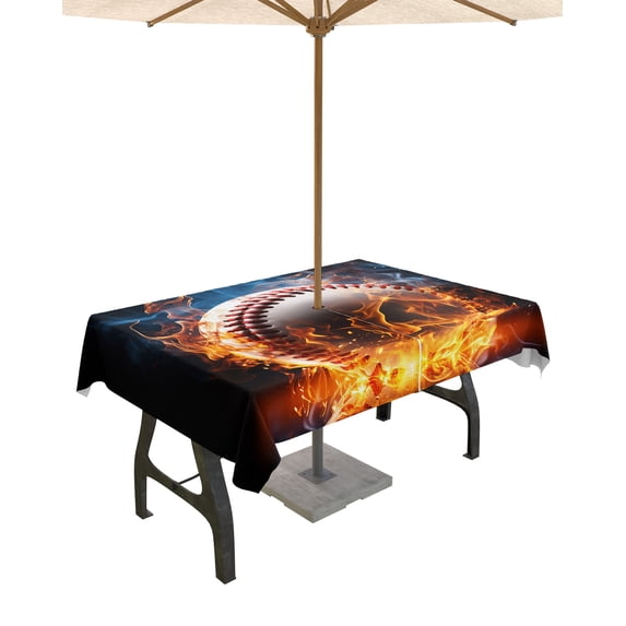 Fsddascl Baseball Outdoor Tablecloth - 60x84 Inch Rectangle Dining Table Cover, Baseball Flame Modern Abstract Art Waterproof Outdoor Table Cloth with Umbrella Hole & Zipper for Picnic/Patio/Party
